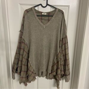 j.HER Long Sleeve Top V-Neck Plaid Olive Green Oversized Flowy S